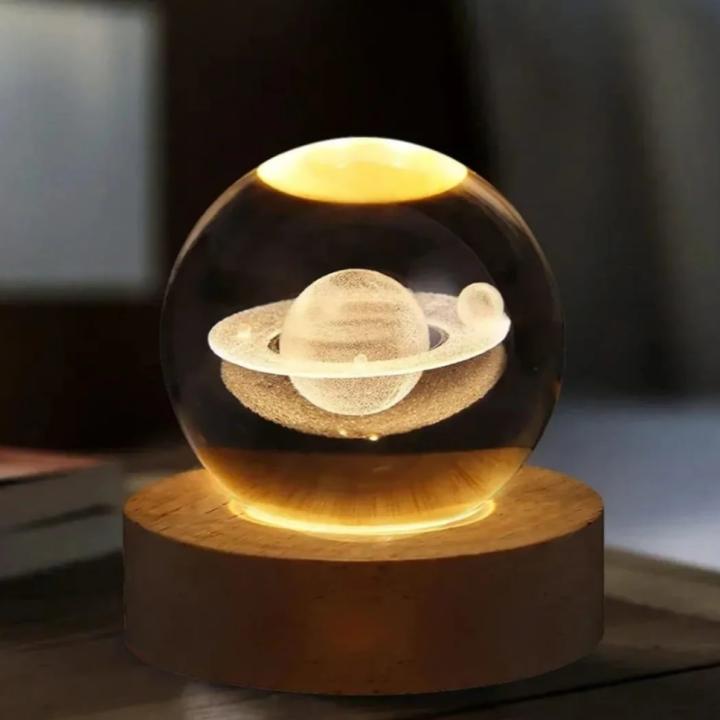 3D Crystal Ball Night Light with Wooden Base – Galaxy, Solar System & Moon Series