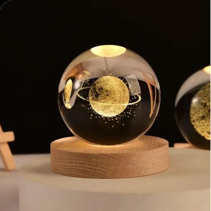 3D Crystal Ball Night Light with Wooden Base – Galaxy, Solar System & Moon Series