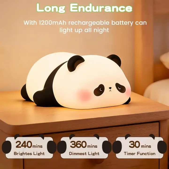Adorable Lying Panda Night Light – Squishy Rechargeable Silicone Lamp with Timer & White Noise for Kids & Nursery