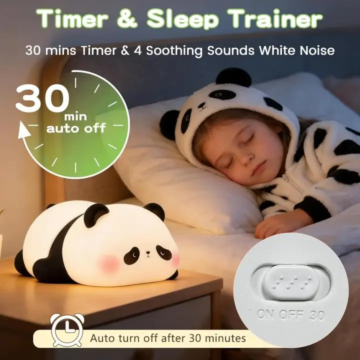 Adorable Lying Panda Night Light – Squishy Rechargeable Silicone Lamp with Timer & White Noise for Kids & Nursery